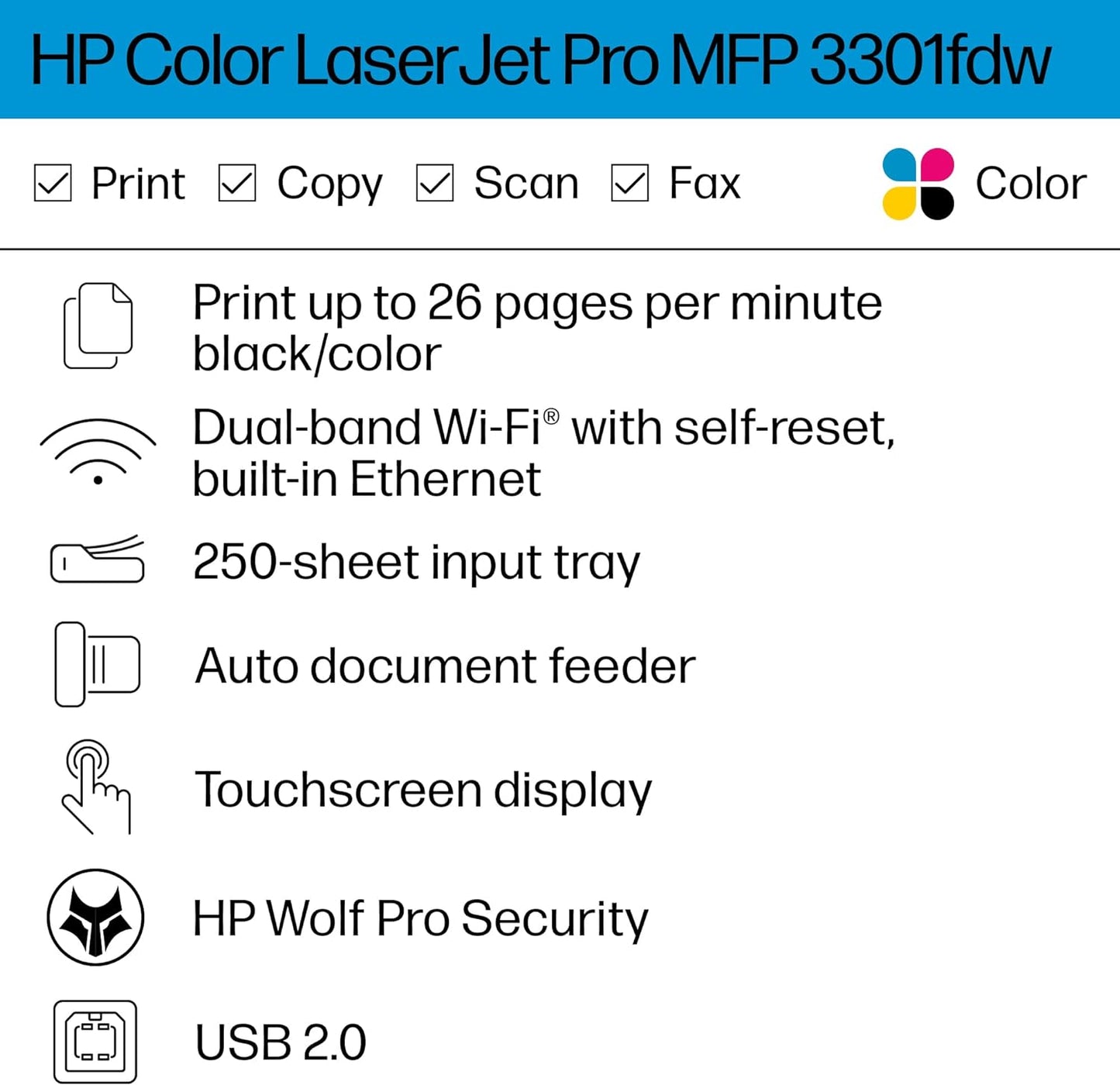 HP Color Laserjet Pro MFP 3301fdw Wireless All-in-One Color Laser Printer, Office Printer, Scanner, Copier, Fax, ADF, Duplex, Best-for-Office (499Q5F)