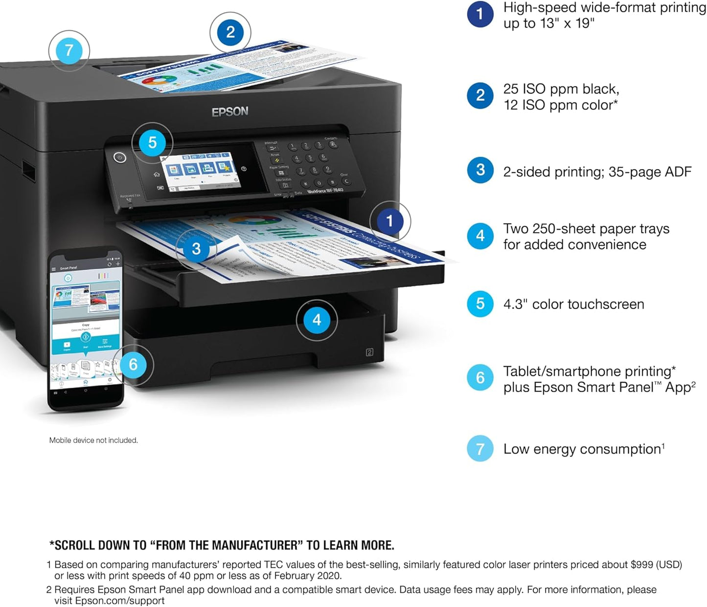 Epson Workforce Pro WF-7840 Wireless All-in-One Wide-Format Printer with Auto 2-Sided Print up to 13" x 19", Copy, Scan and Fax, 50-Page ADF, 500-sheet Paper Capacity, 4.3" Screen,Black