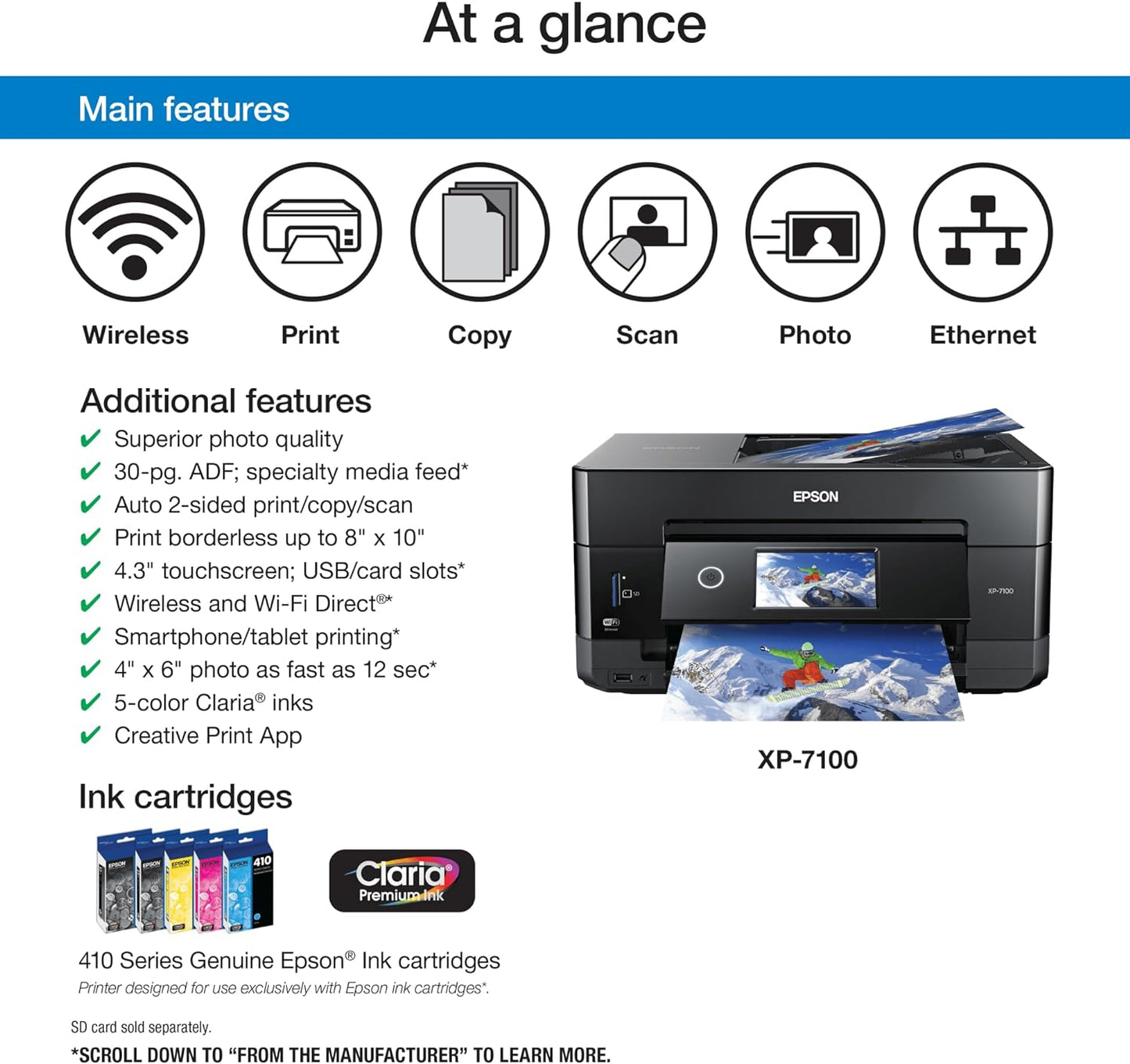 Epson Expression Premium XP-7100 Wireless Color Photo Printer with ADF, Scanner and Copier, Black, Small