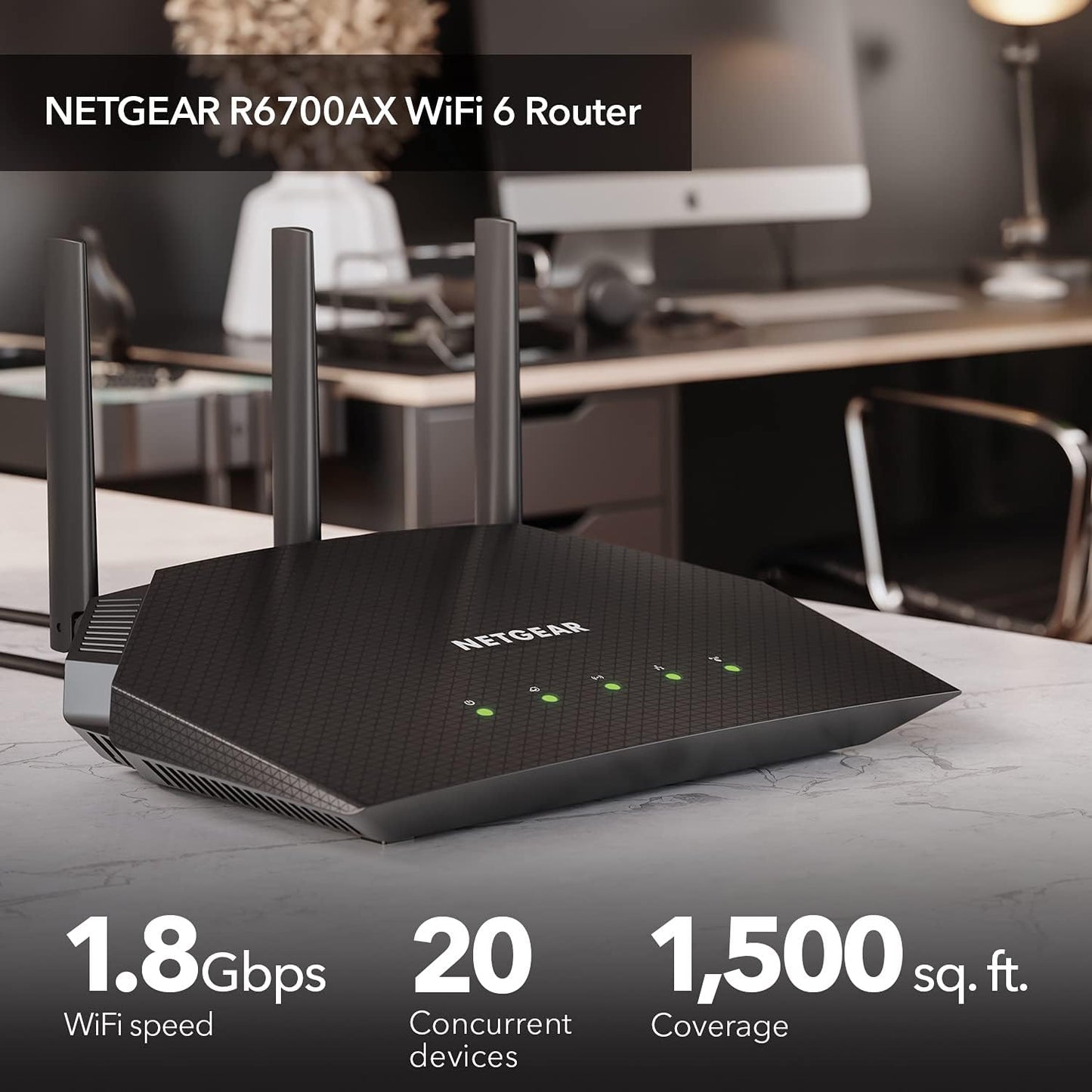 NETGEAR 4-Stream WiFi 6 Router (R6700AX) – AX1800 Wireless Speed (Up to 1.8 Gbps) | Coverage up to 1,500 sq. ft., 20 devices