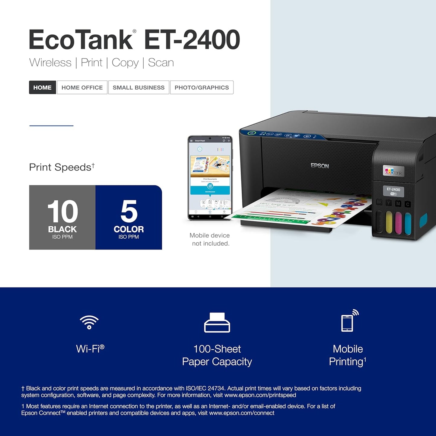 Epson EcoTank ET-2400 Wireless Color All-in-One Cartridge-Free Supertank Printer with Scan and Copy – Easy, Everyday Home Printing, Black