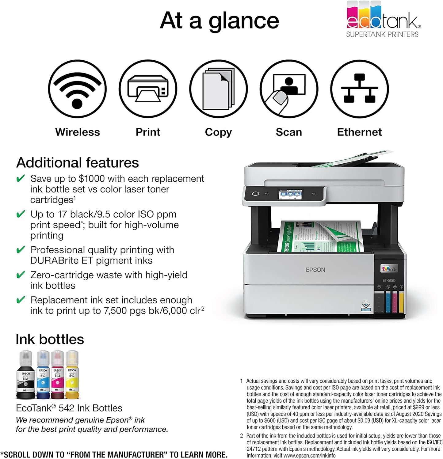 Epson EcoTank Pro ET-5150 Wireless Color All-in-One Supertank Printer with Scanner, Copier, Plus Auto Document Feeder, Large, White