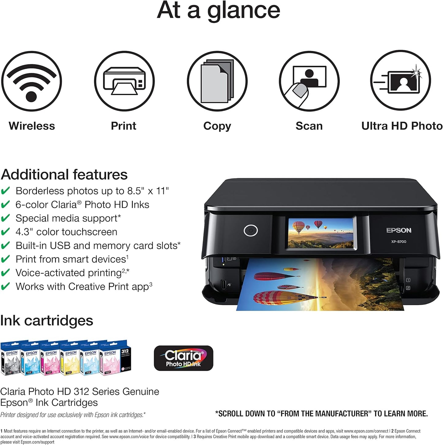 Epson Expression Photo XP-8700 Wireless All-in-One Printer with Built-in Scanner and Copier and 4.3" Color Touchscreen, Black