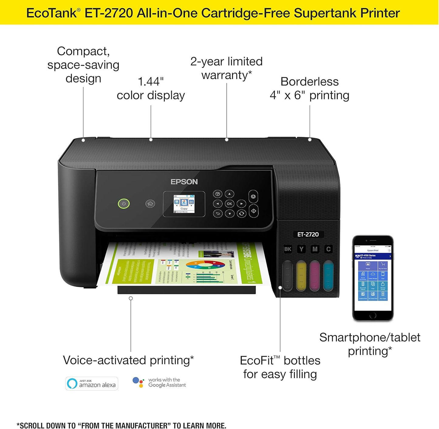 Epson EcoTank ET-2720 Wireless Color All-in-One Supertank Printer with Scanner and Copier - Black