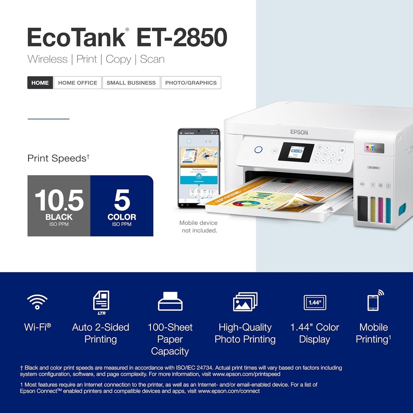 Epson EcoTank ET-2850 Wireless Color All-in-One Cartridge-Free Supertank Printer with Scan, Copy and Auto 2-Sided Printing - White, Medium