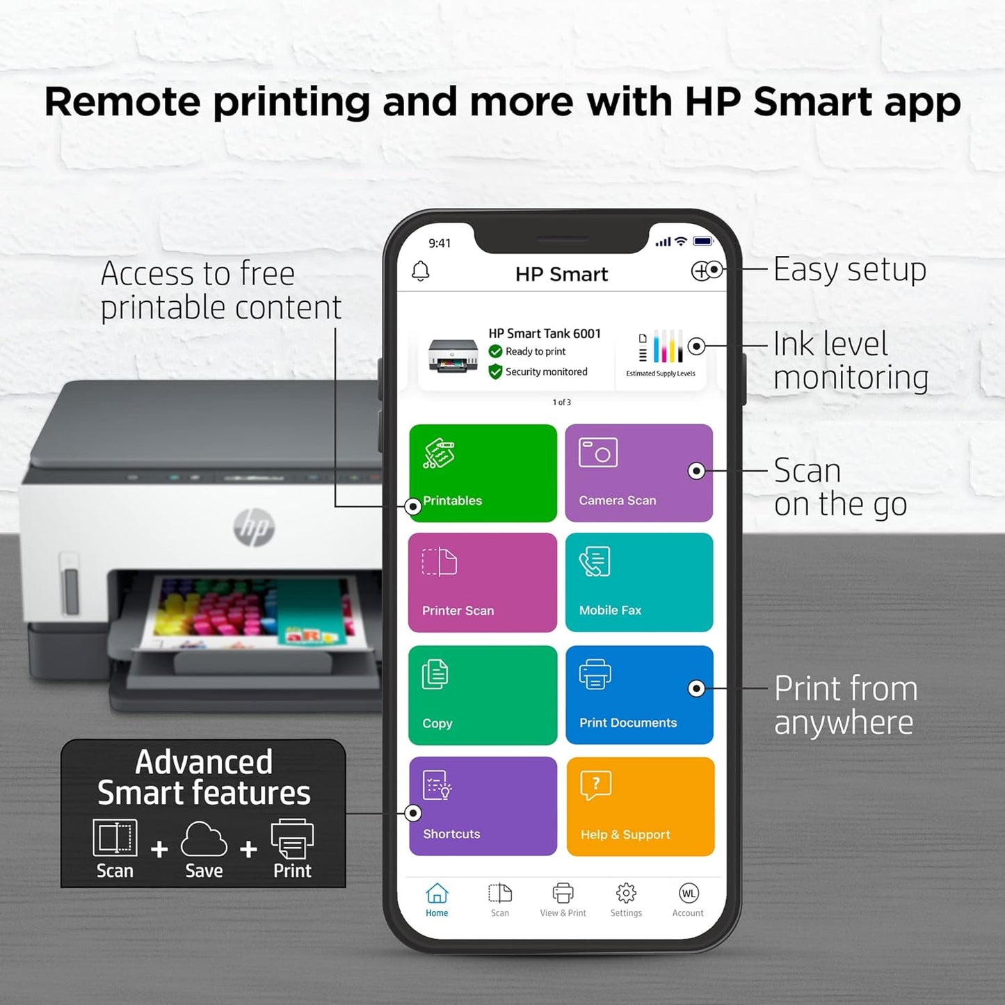 HP Smart -Tank 6001 Wireless Cartridge-Free all in one printer, this ink -tank printer comes with up to 2 years of ink included, with mobile print, scan, copy (2H0B9A)