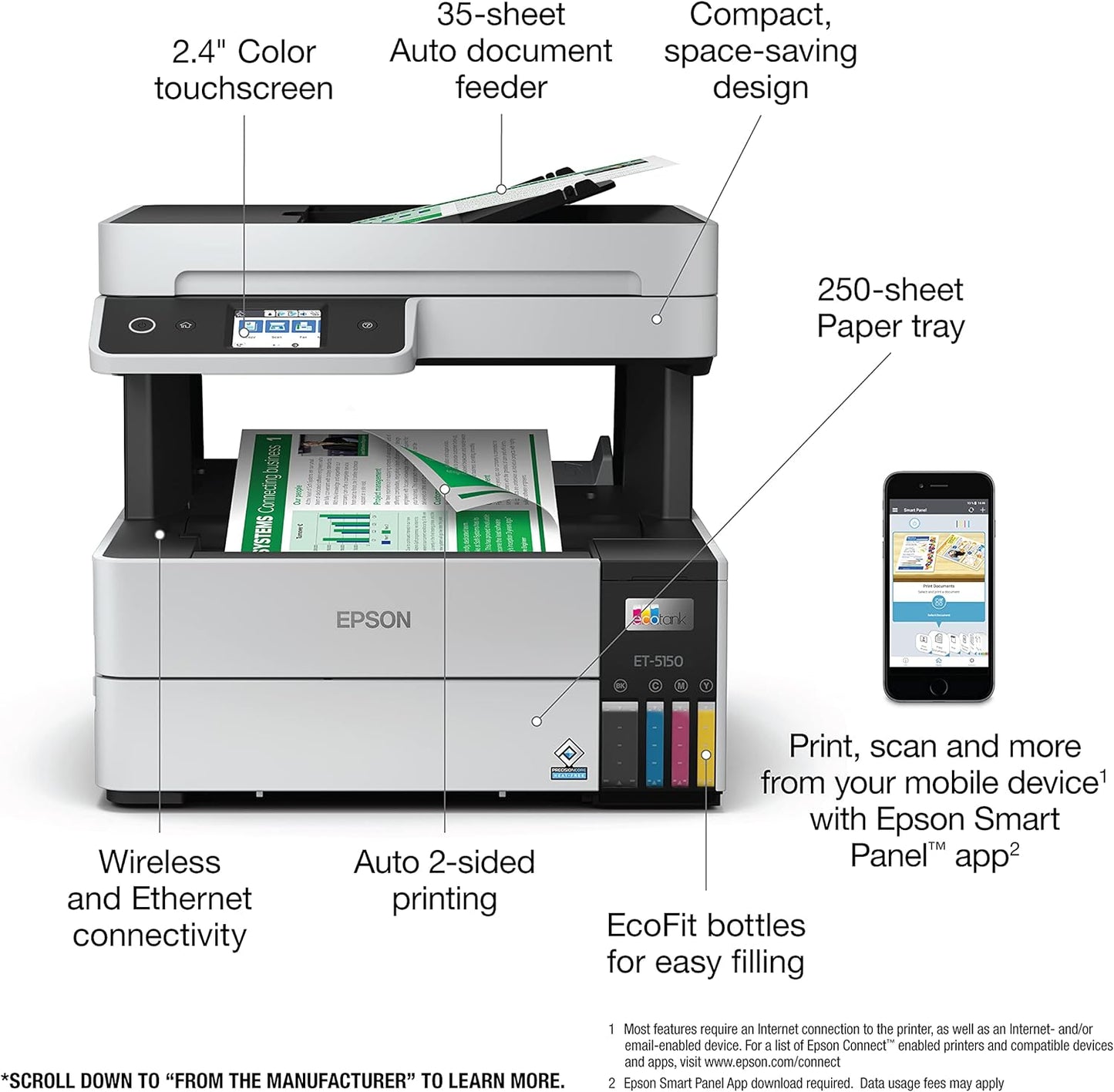 Epson EcoTank Pro ET-5150 Wireless Color All-in-One Supertank Printer with Scanner, Copier, Plus Auto Document Feeder, Large, White