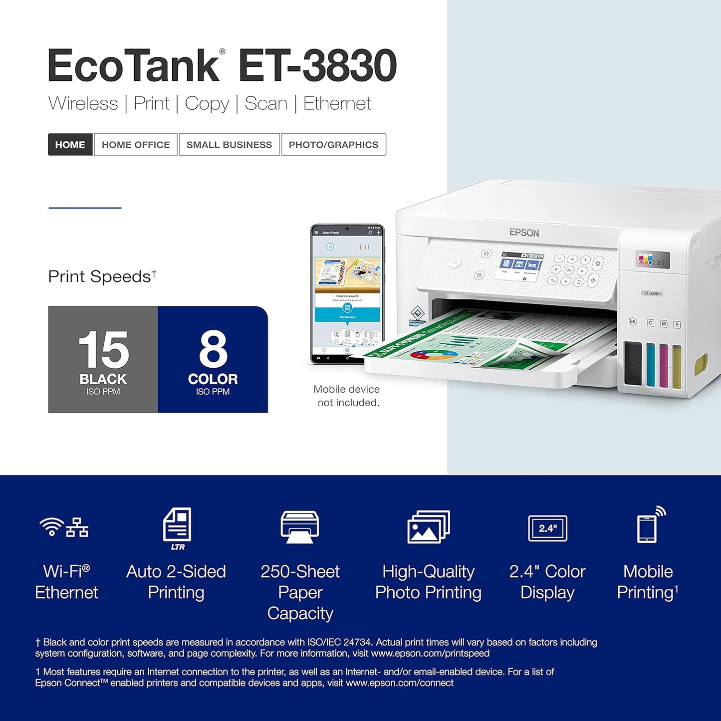 Epson EcoTank ET-3830 Wireless Color All-in-One Cartridge-Free Supertank Printer with Scan, Copy, Auto 2-Sided Printing and Ethernet – The Perfect Printer Productive Families,White