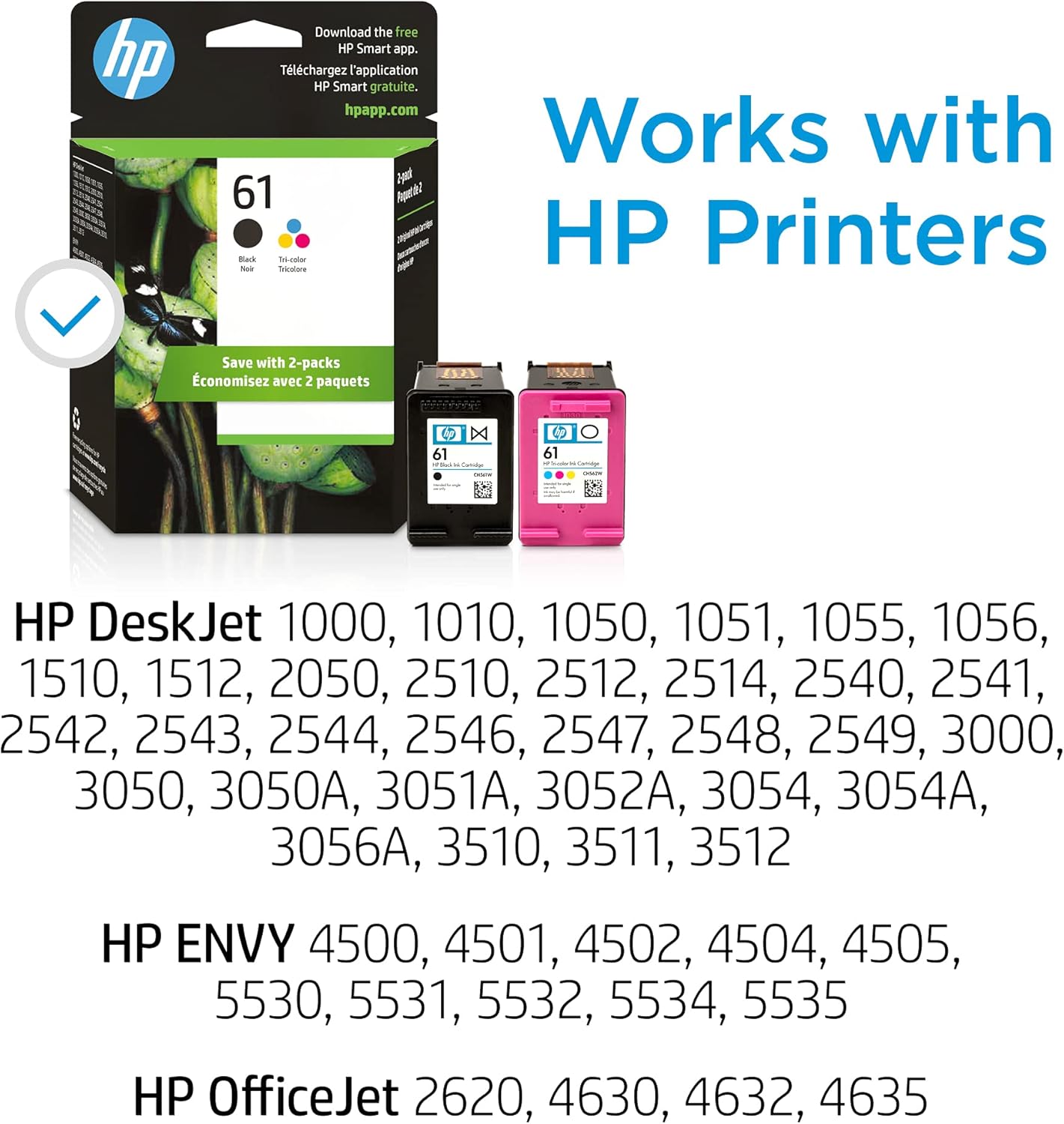 HP 61 Black/Tri-color Ink (2 Pack) | Works with DeskJet 1000, 1010, 1050, 1510, 2050, 2510, 2540, 3000, 3050, 3510; ENVY 4500, 5530; OfficeJet 2620, 4630 | Eligible for Instant Ink | CR259FN