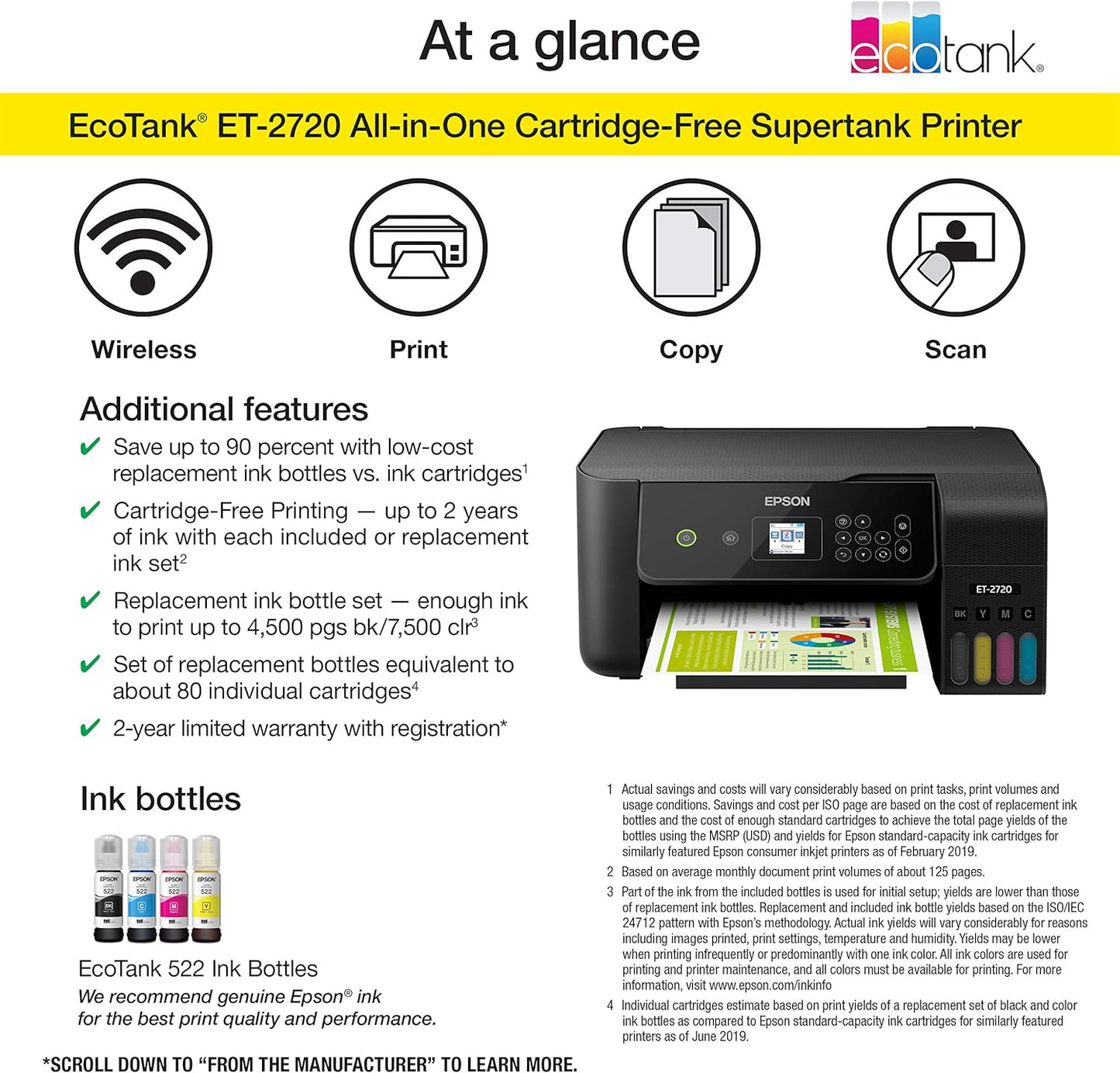 Epson EcoTank ET-2720 Wireless Color All-in-One Supertank Printer with Scanner and Copier - Black