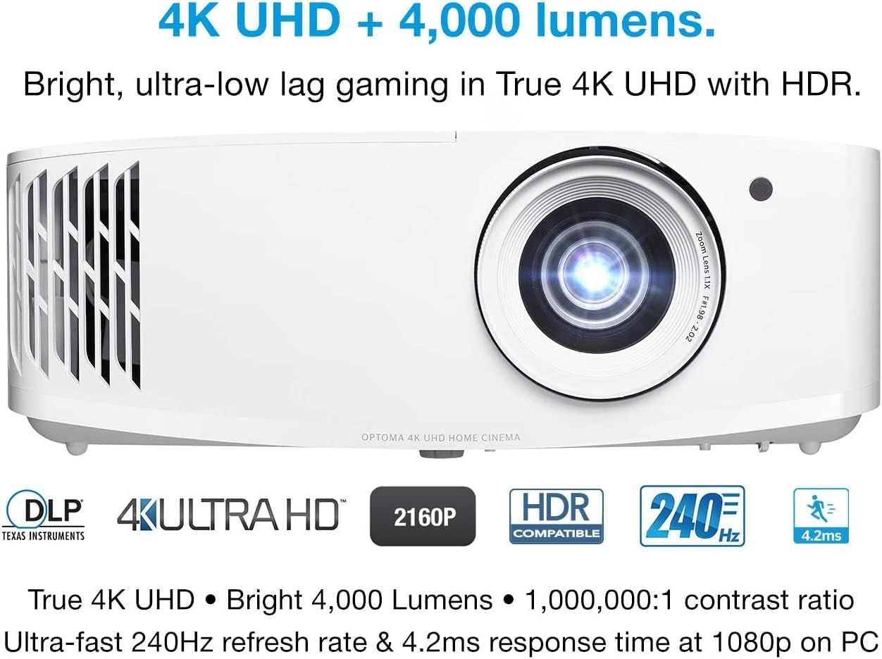 Optoma UHD38x Bright, True 4K UHD Gaming Projector | 4000 Lumens | 4.2ms Response Time at 1080p with Enhanced Gaming Mode | Lowest Input Lag on 4K Projector | 240Hz Refresh Rate | HDR10 & HLG, White